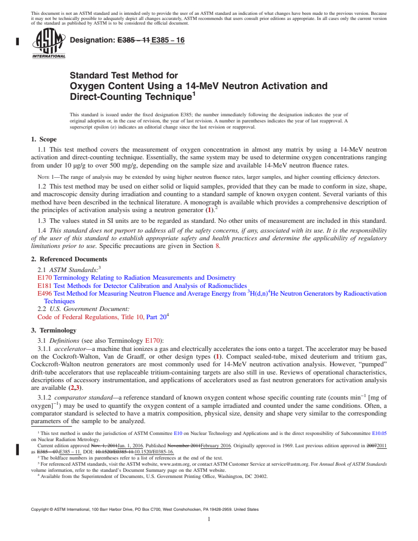 REDLINE ASTM E385-16 - Standard Test Method for  Oxygen Content Using a 14-MeV Neutron Activation and Direct-Counting  Technique