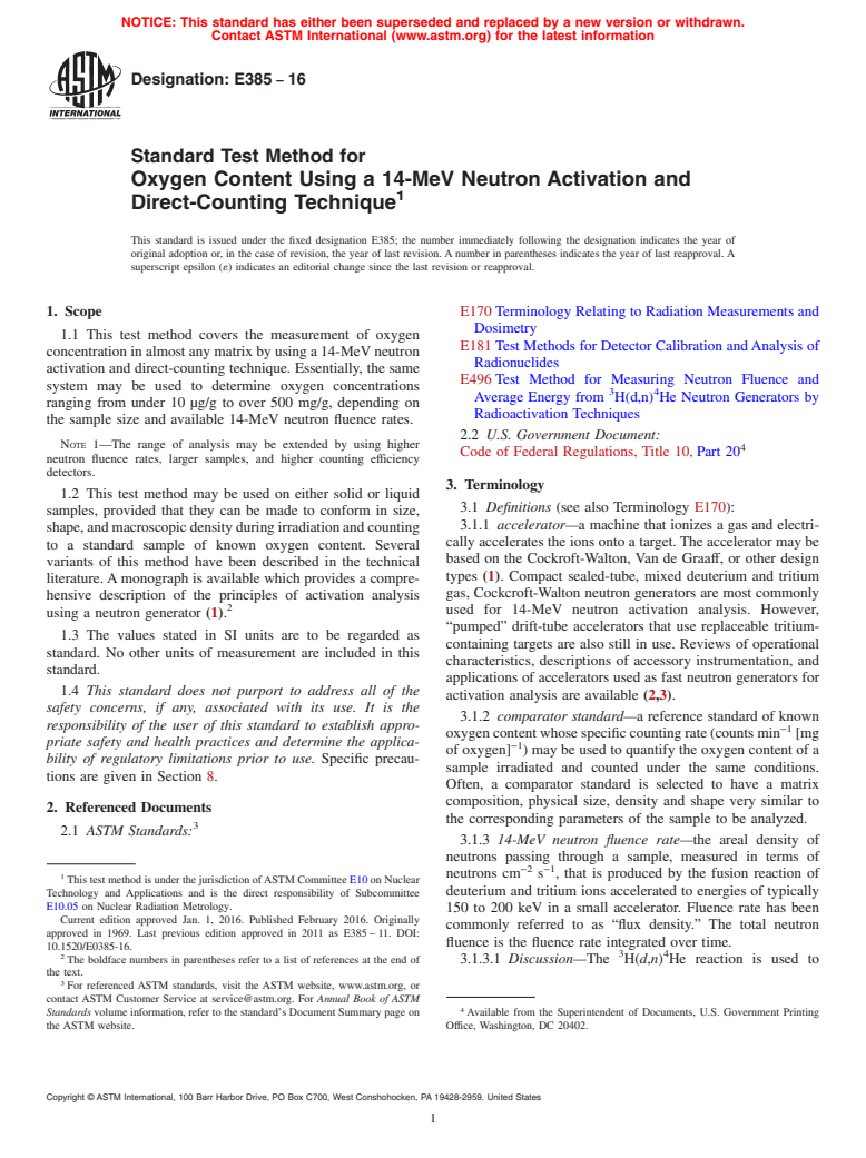 ASTM E385-16 - Standard Test Method for  Oxygen Content Using a 14-MeV Neutron Activation and Direct-Counting  Technique