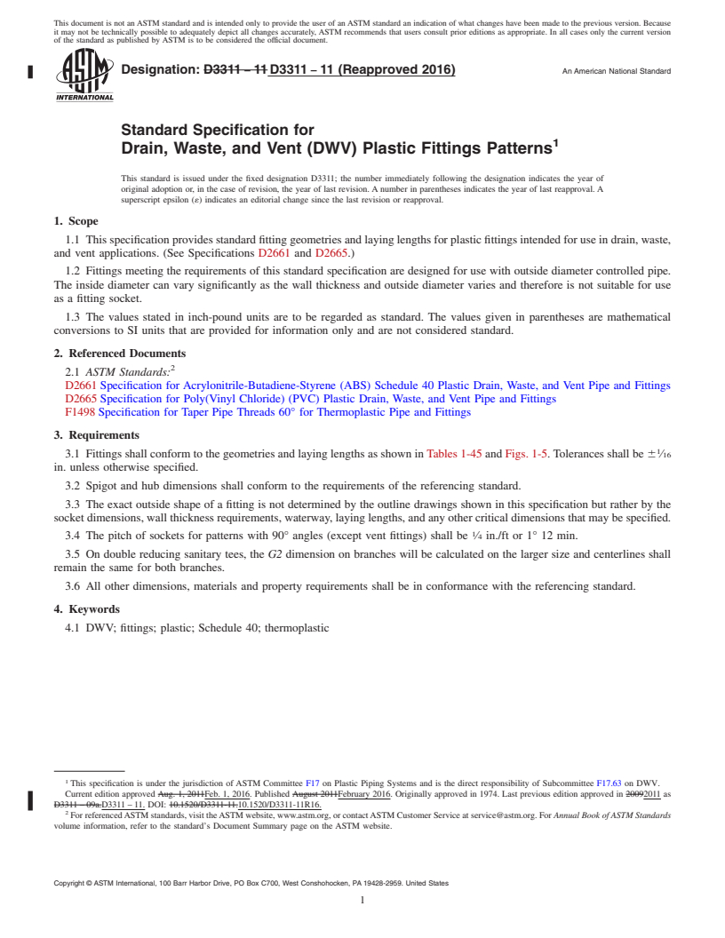 REDLINE ASTM D3311-11(2016) - Standard Specification for Drain, Waste, and Vent (DWV) Plastic Fittings Patterns