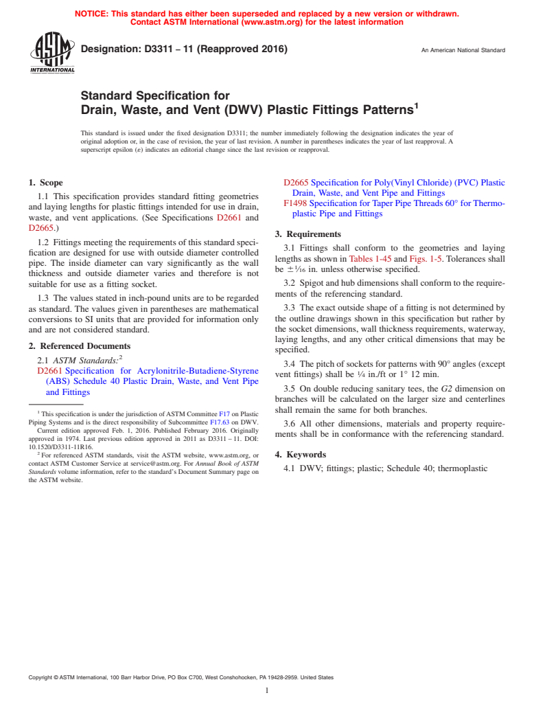 ASTM D3311-11(2016) - Standard Specification for Drain, Waste, and Vent (DWV) Plastic Fittings Patterns