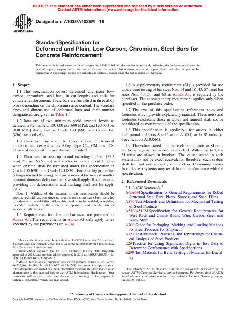 ASTM A1035/A1035M-16 - Standard Specification for  Deformed and Plain, Low-Carbon, Chromium, Steel Bars for Concrete  Reinforcement