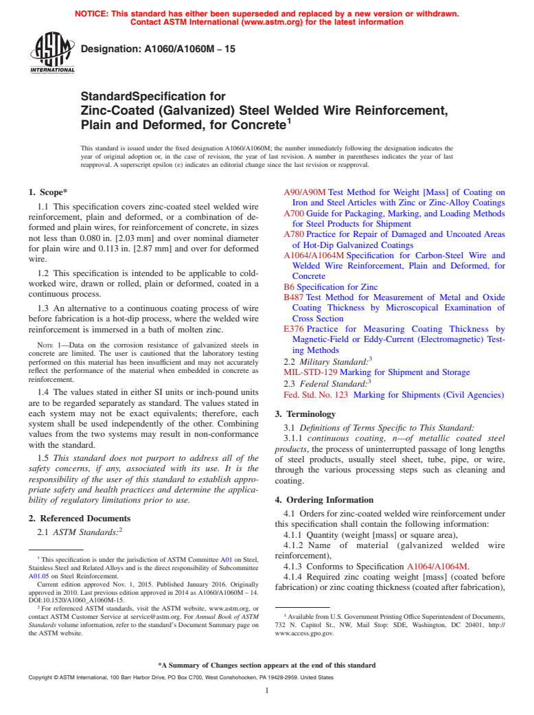 ASTM A1060/A1060M-15 - Standard Specification for  Zinc-Coated (Galvanized) Steel Welded Wire Reinforcement, Plain  and Deformed, for Concrete