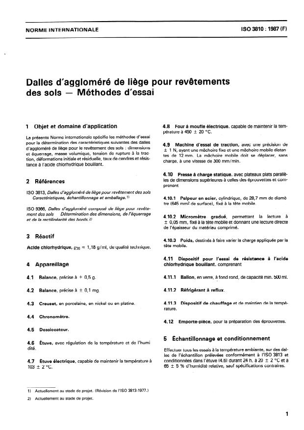 ISO 3810:1987 - Dalles d'aggloméré de liege pour revetements des sols -- Méthodes d'essai