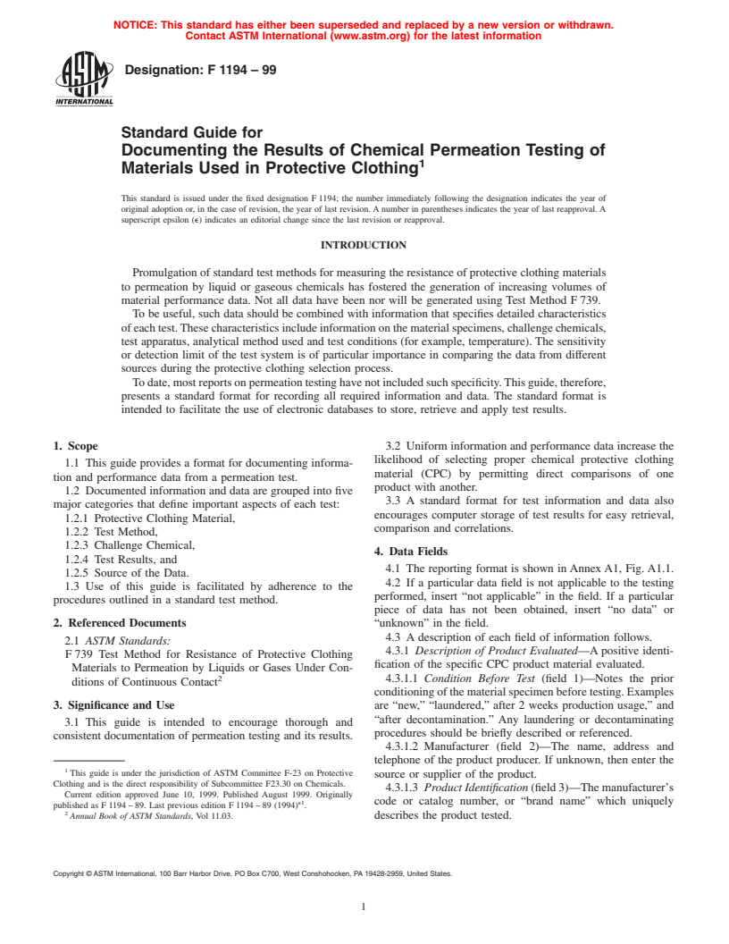 ASTM F1194-99 - Standard Guide for Documenting the Results of Chemical Permeation Testing of Materials Used in Protective Clothing