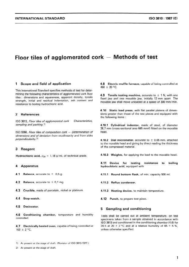 ISO 3810:1987 - Floor tiles of agglomerated cork -- Methods of test