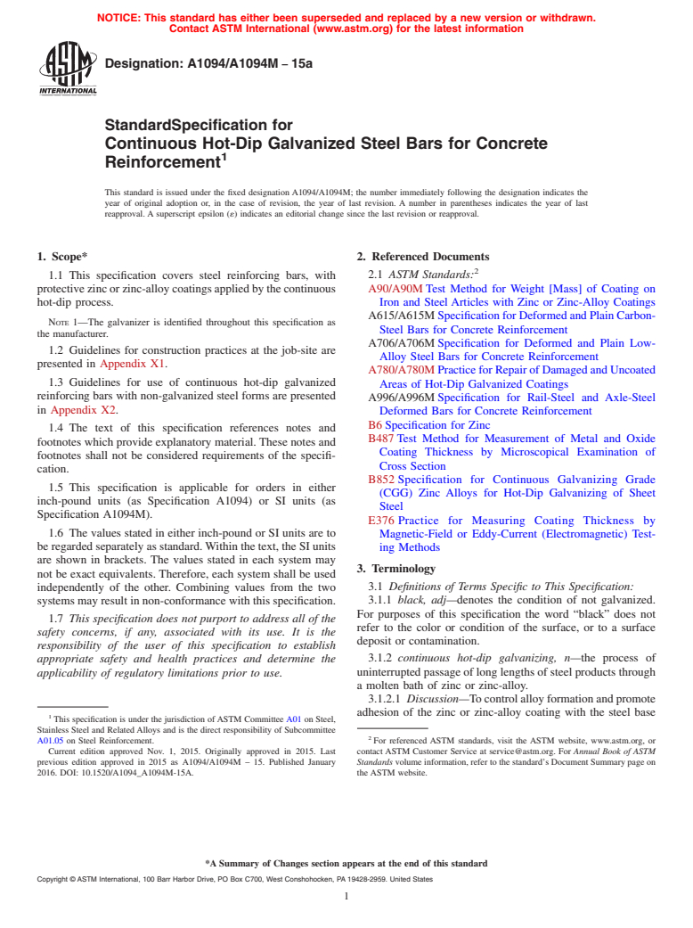 ASTM A1094/A1094M-15a - Standard Specification for Continuous Hot-Dip Galvanized Steel Bars for Concrete Reinforcement