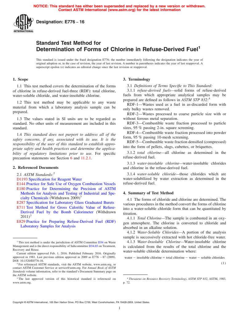 ASTM E776-16 - Standard Test Method for  Determination of Forms of Chlorine in Refuse-Derived Fuel