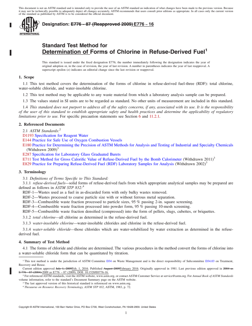 REDLINE ASTM E776-16 - Standard Test Method for  Determination of Forms of Chlorine in Refuse-Derived Fuel