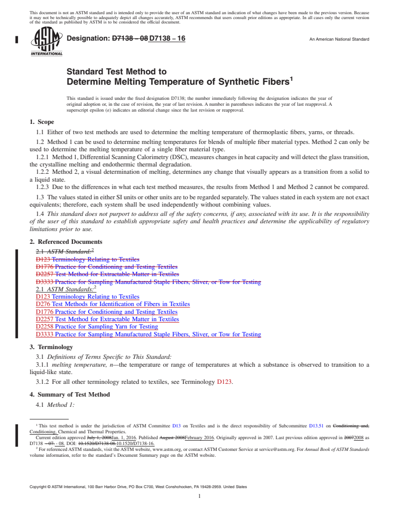 REDLINE ASTM D7138-16 - Standard Test Method to  Determine Melting Temperature of Synthetic Fibers