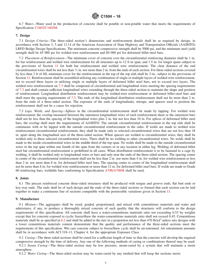 REDLINE ASTM C1504-16 - Standard Specification for  Manufacture of Precast Reinforced Concrete Three-Sided Structures  for Culverts and Storm Drains