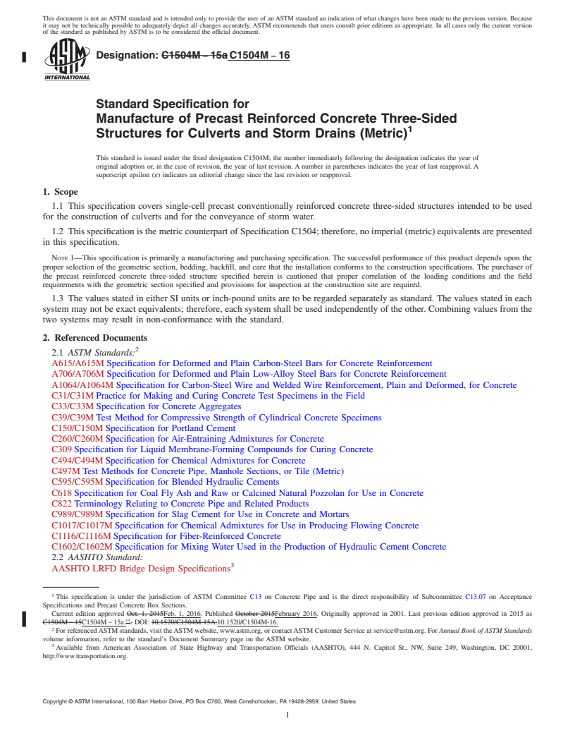 REDLINE ASTM C1504M-16 - Standard Specification for  Manufacture of Precast Reinforced Concrete Three-Sided Structures  for Culverts and Storm Drains (Metric)