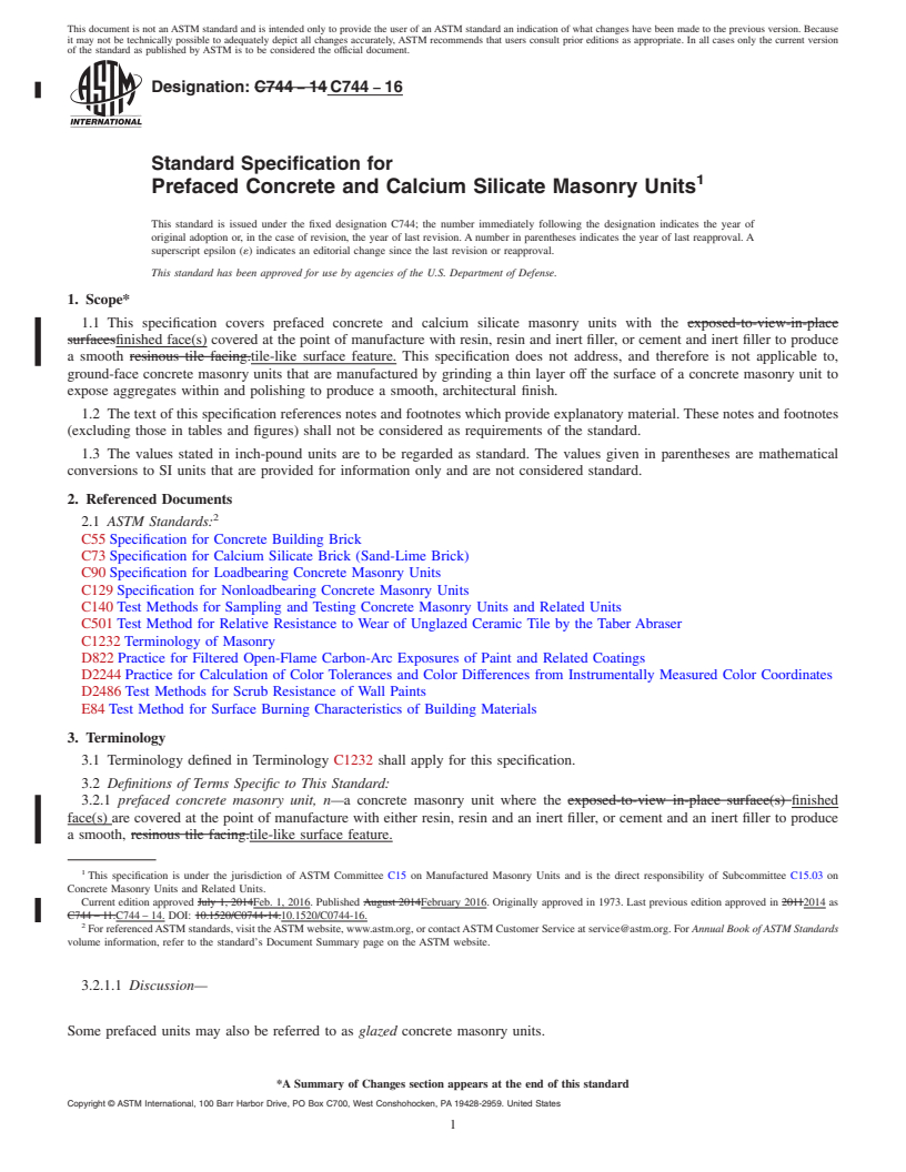 REDLINE ASTM C744-16 - Standard Specification for  Prefaced Concrete and Calcium Silicate Masonry Units