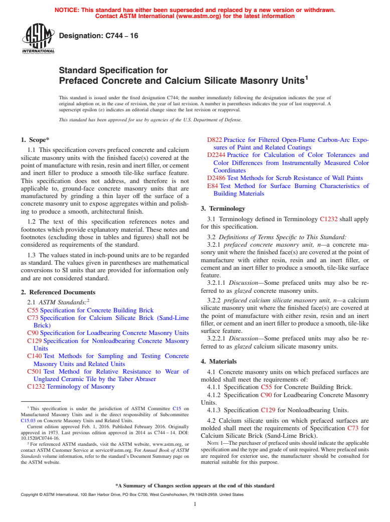 ASTM C744-16 - Standard Specification for  Prefaced Concrete and Calcium Silicate Masonry Units