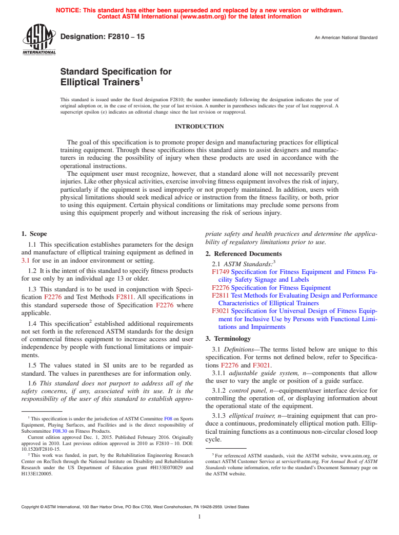 ASTM F2810-15 - Standard Specification for Elliptical Trainers