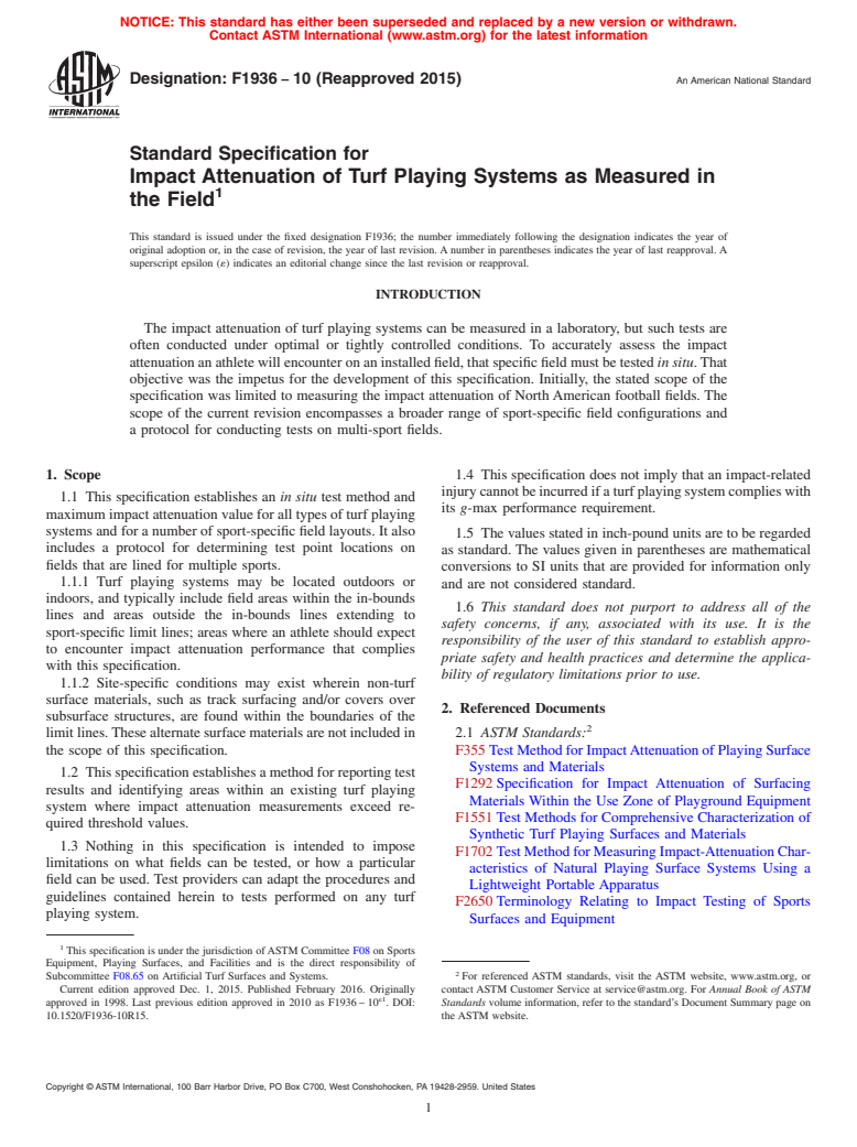 ASTM F1936-10(2015) - Standard Specification for Impact Attenuation of Turf Playing Systems as Measured in the  Field