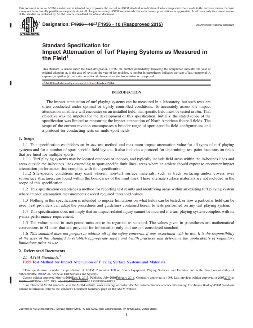 REDLINE ASTM F1936-10(2015) - Standard Specification for Impact Attenuation of Turf Playing Systems as Measured in the  Field