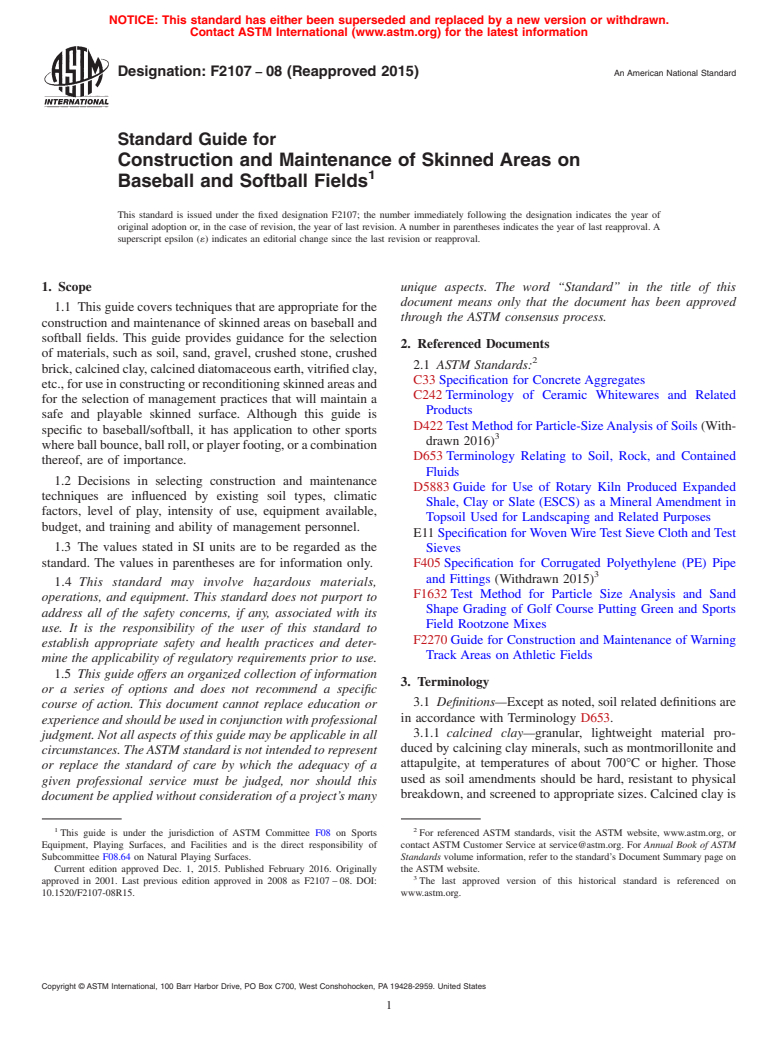 ASTM F2107-08(2015) - Standard Guide for Construction and Maintenance of Skinned Areas on Baseball and  Softball Fields