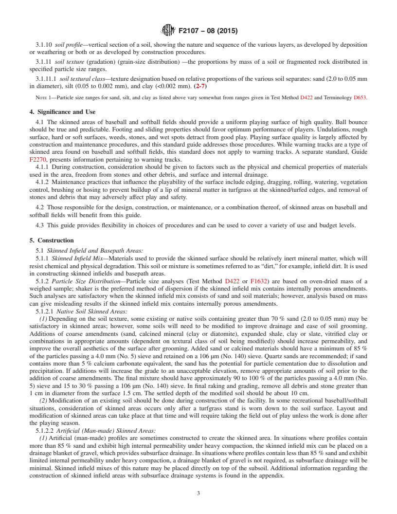 REDLINE ASTM F2107-08(2015) - Standard Guide for Construction and Maintenance of Skinned Areas on Baseball and  Softball Fields