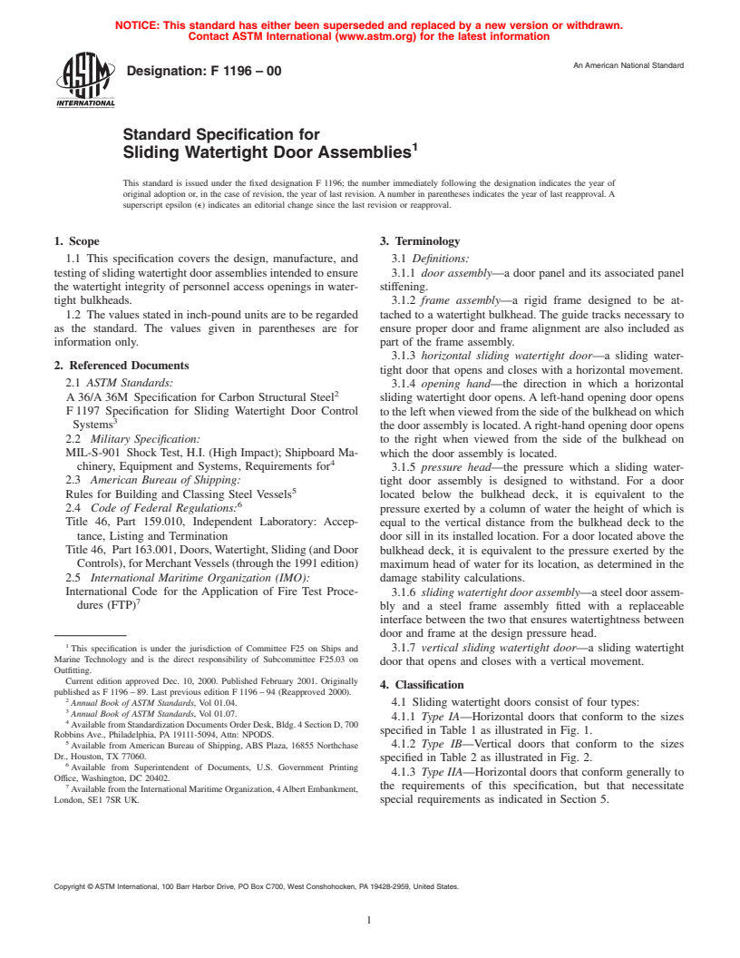 ASTM F1196-00 - Standard Specification for Sliding Watertight Door Assemblies