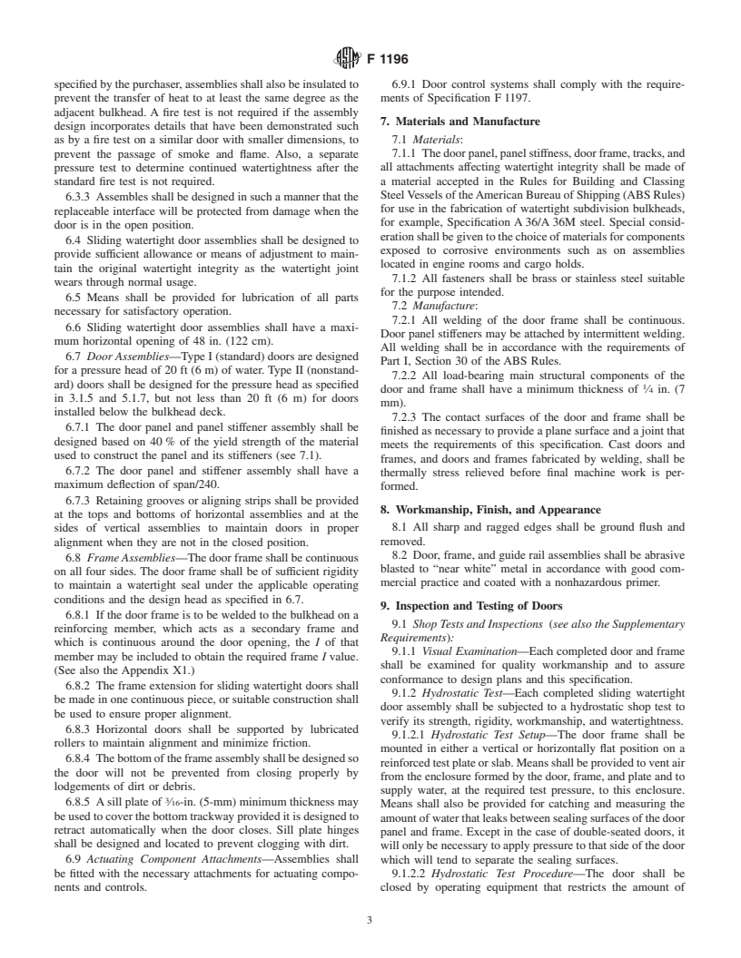 ASTM F1196-00 - Standard Specification for Sliding Watertight Door Assemblies