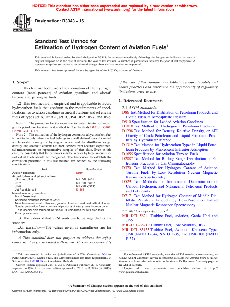 ASTM D3343-16 - Standard Test Method for  Estimation of Hydrogen Content of Aviation Fuels