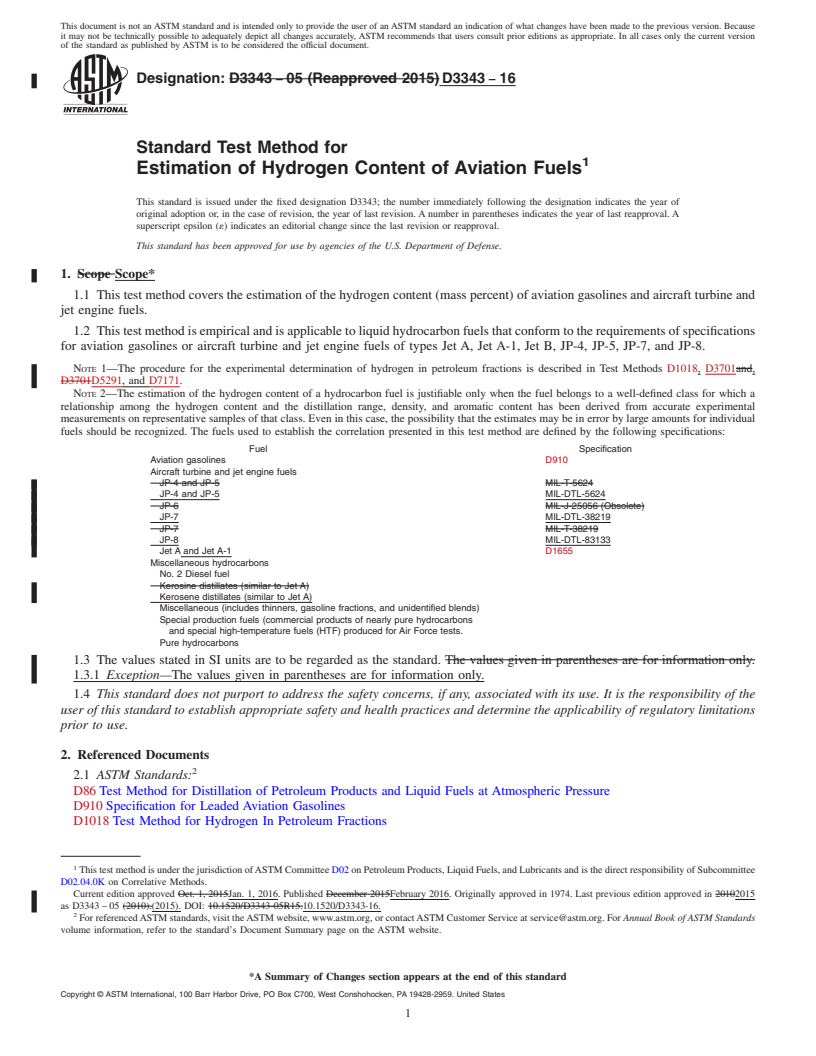 REDLINE ASTM D3343-16 - Standard Test Method for  Estimation of Hydrogen Content of Aviation Fuels