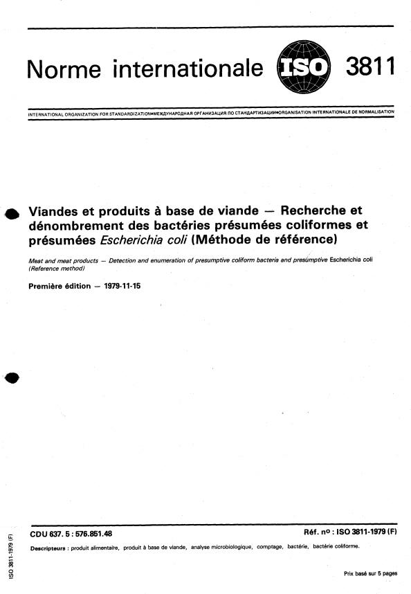 ISO 3811:1979 - Viande et produits a base de viande -- Recherche et dénombrement des bactéries présumées coliformes et présumées Escherichia coli -- (Méthode de référence)