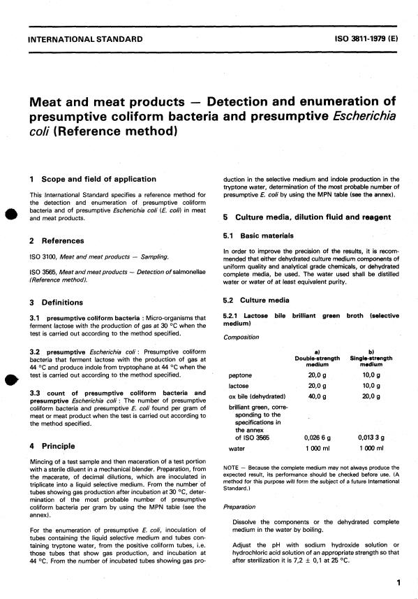 ISO 3811:1979 - Meat and meat products -- Detection and enumeration of presumptive coliform bacteria and presumptive Escherichia coli -- (Reference method)