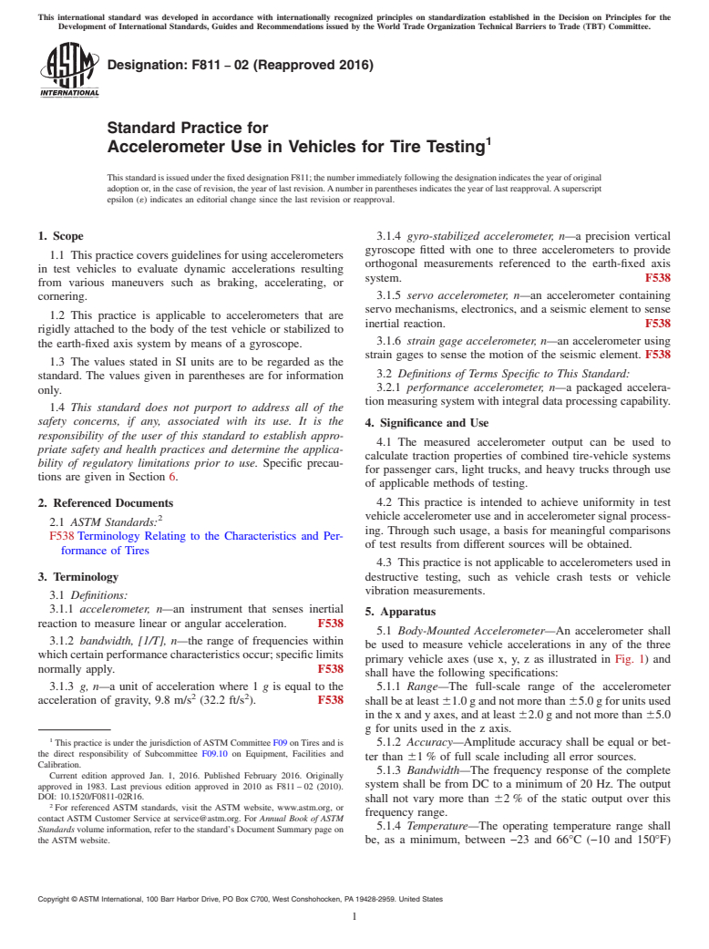 ASTM F811-02(2016) - Standard Practice for Accelerometer Use in Vehicles for Tire Testing