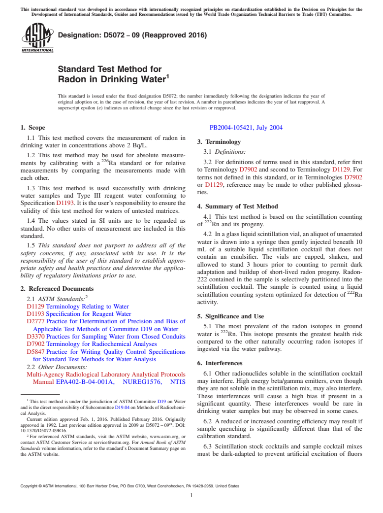 ASTM D5072-09(2016) - Standard Test Method for  Radon in Drinking Water