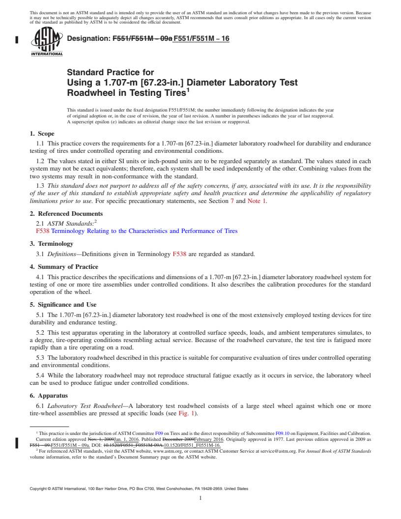 REDLINE ASTM F551/F551M-16 - Standard Practice for Using a 1.707-m [67.23-in.] Diameter Laboratory Test Roadwheel  in Testing Tires