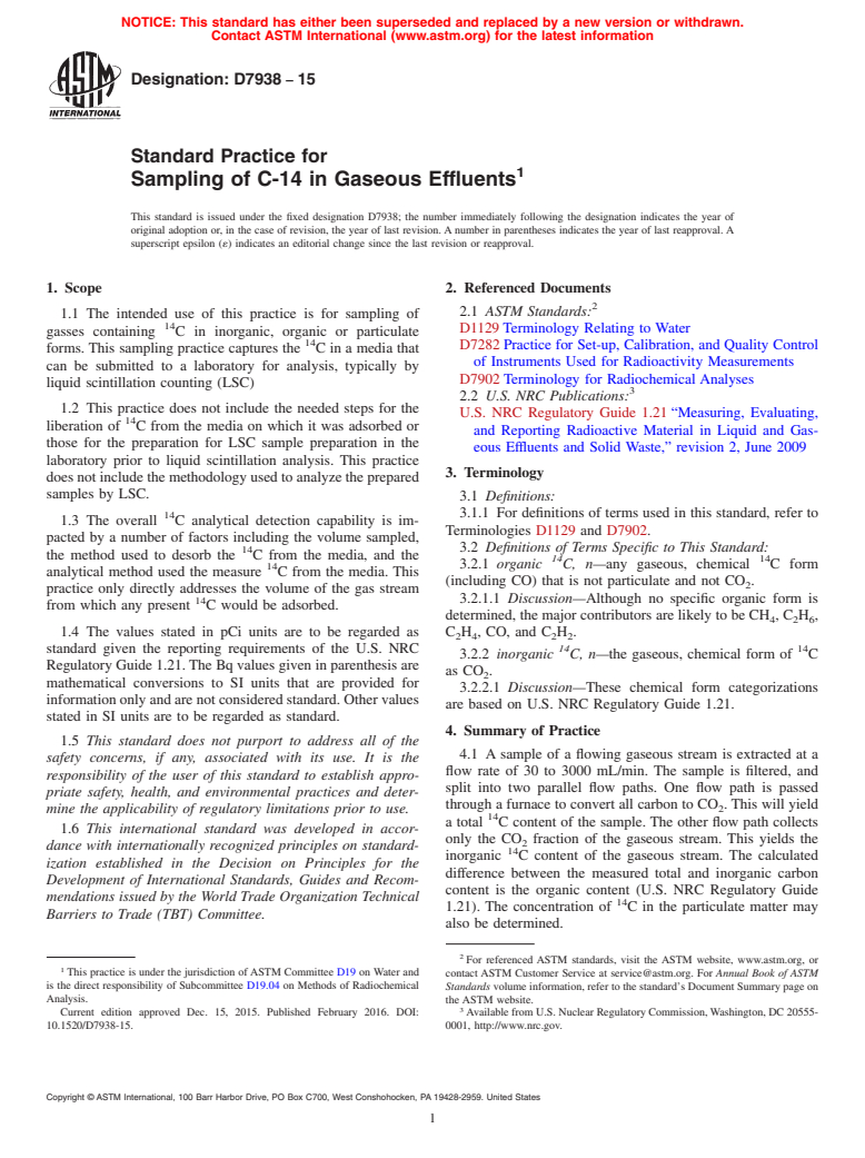 ASTM D7938-15 - Standard Practice for Sampling of C-14 in Gaseous Effluents