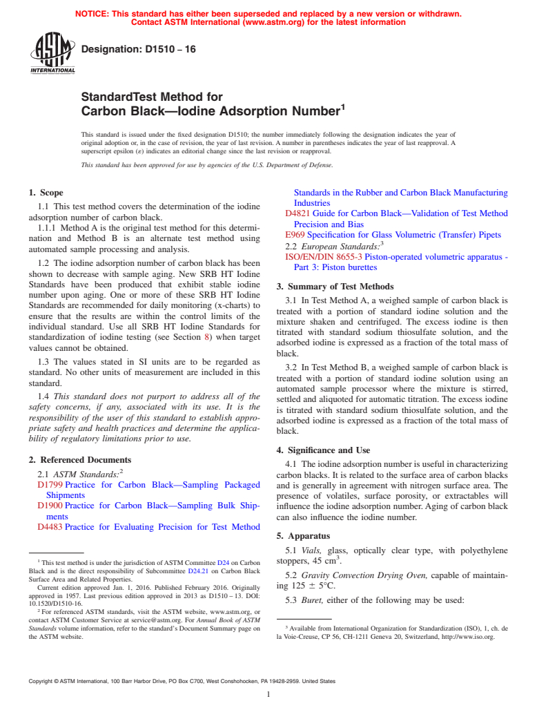 ASTM D1510-16 - Standard Test Method for  Carbon Black&#x2014;Iodine Adsorption Number