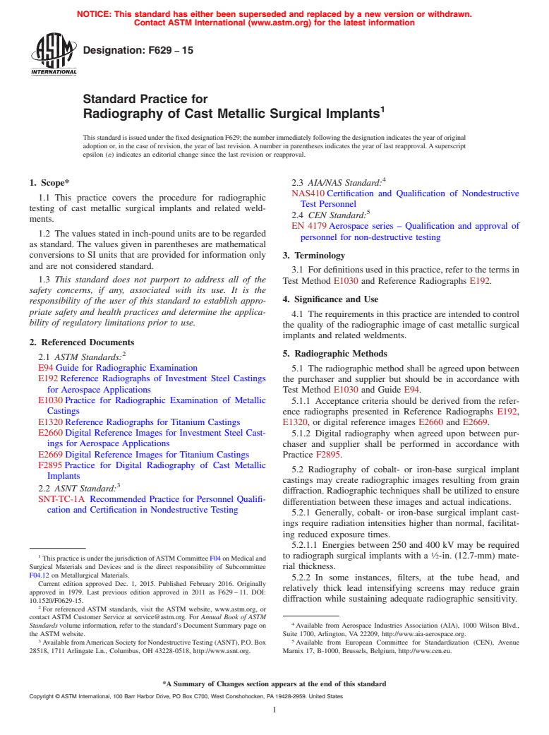 ASTM F629-15 - Standard Practice for  Radiography of Cast Metallic Surgical Implants
