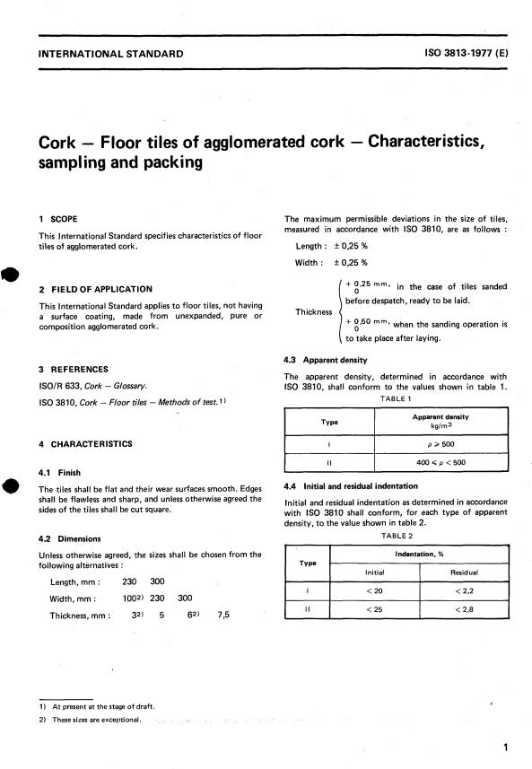 ISO 3813:1977 - Cork -- Floor tiles of agglomerated cork -- Characteristics, sampling and packing