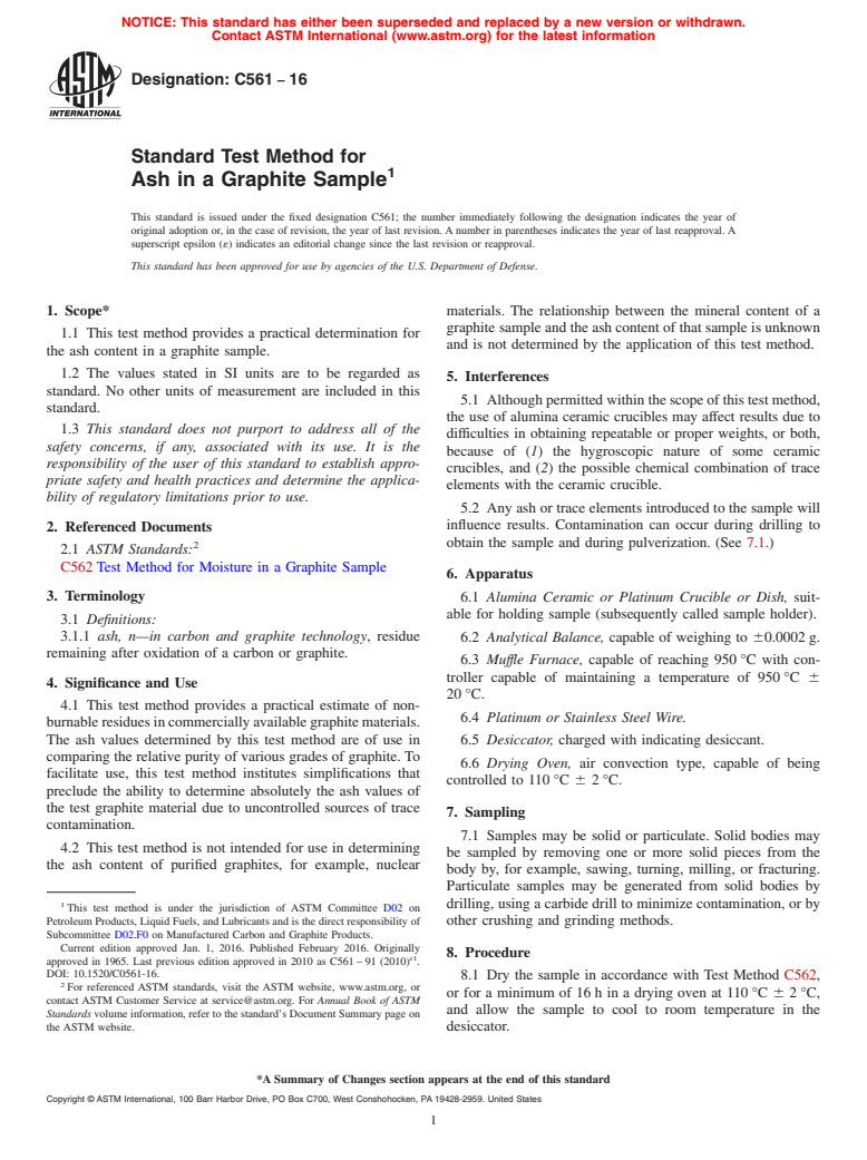 ASTM C561-16 - Standard Test Method for  Ash in a Graphite Sample