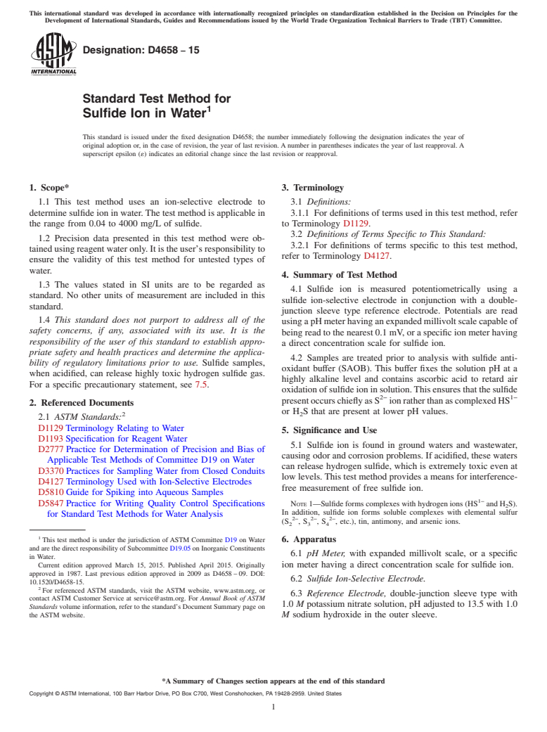 ASTM D4658-15 - Standard Test Method for  Sulfide Ion in Water
