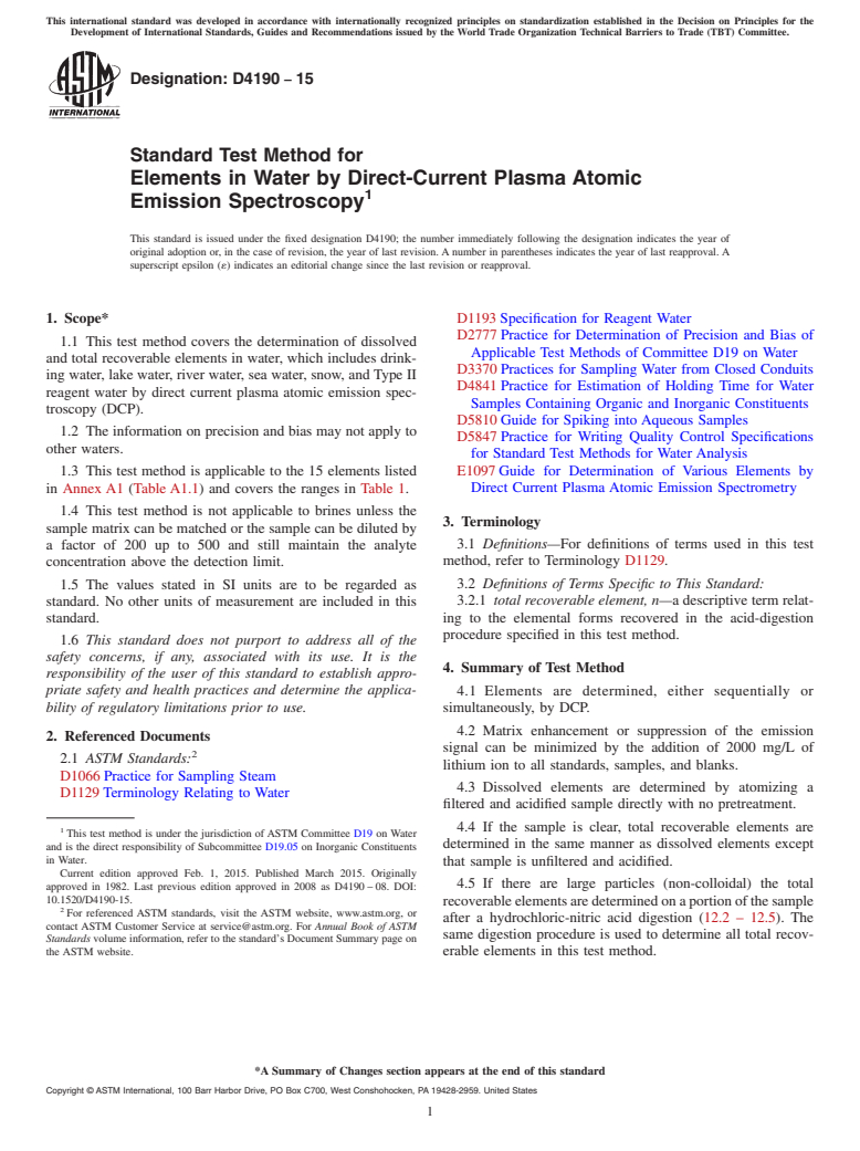 ASTM D4190-15 - Standard Test Method for  Elements in Water by Direct-Current  Plasma Atomic Emission   Spectroscopy