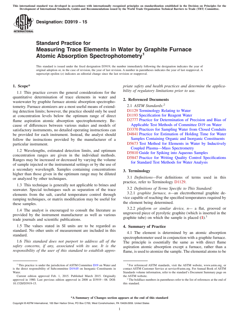 ASTM D3919-15 - Standard Practice for  Measuring Trace Elements in Water by Graphite Furnace Atomic  Absorption Spectrophotometry