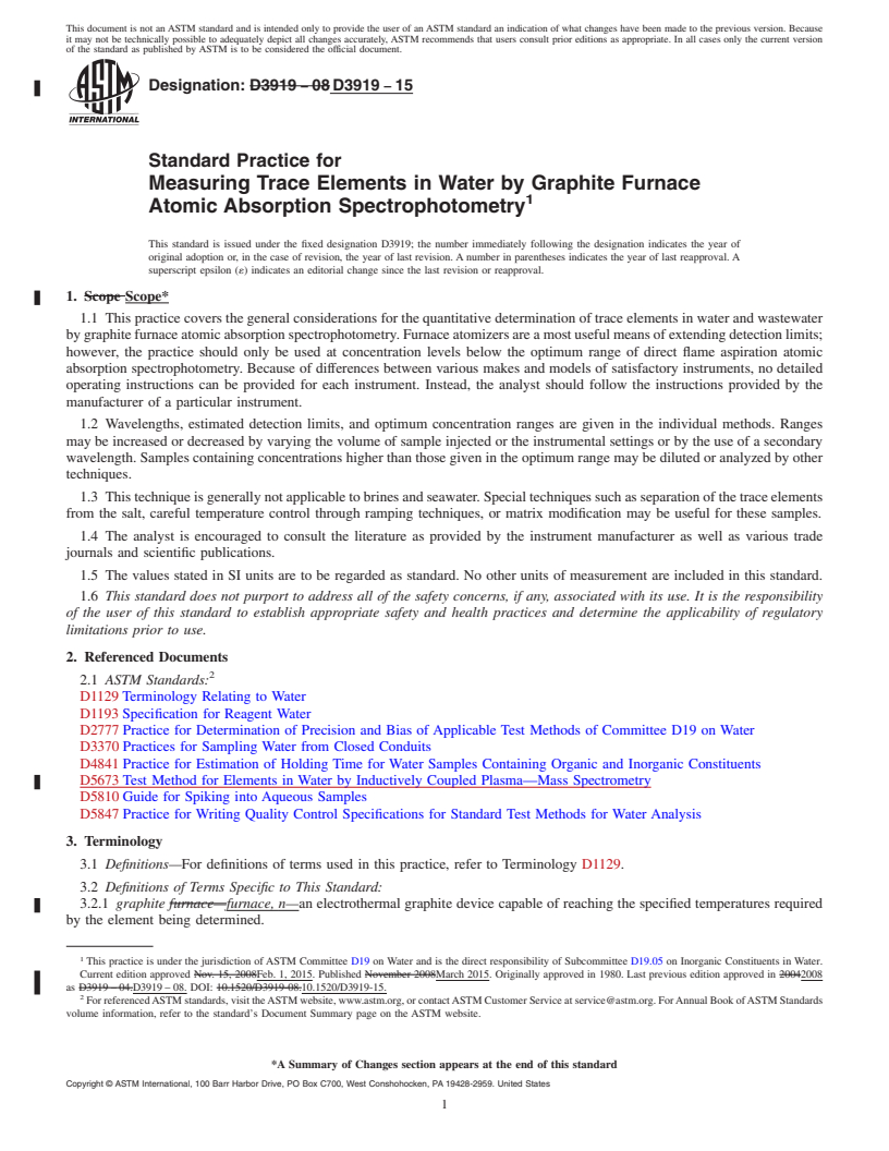 REDLINE ASTM D3919-15 - Standard Practice for  Measuring Trace Elements in Water by Graphite Furnace Atomic  Absorption Spectrophotometry