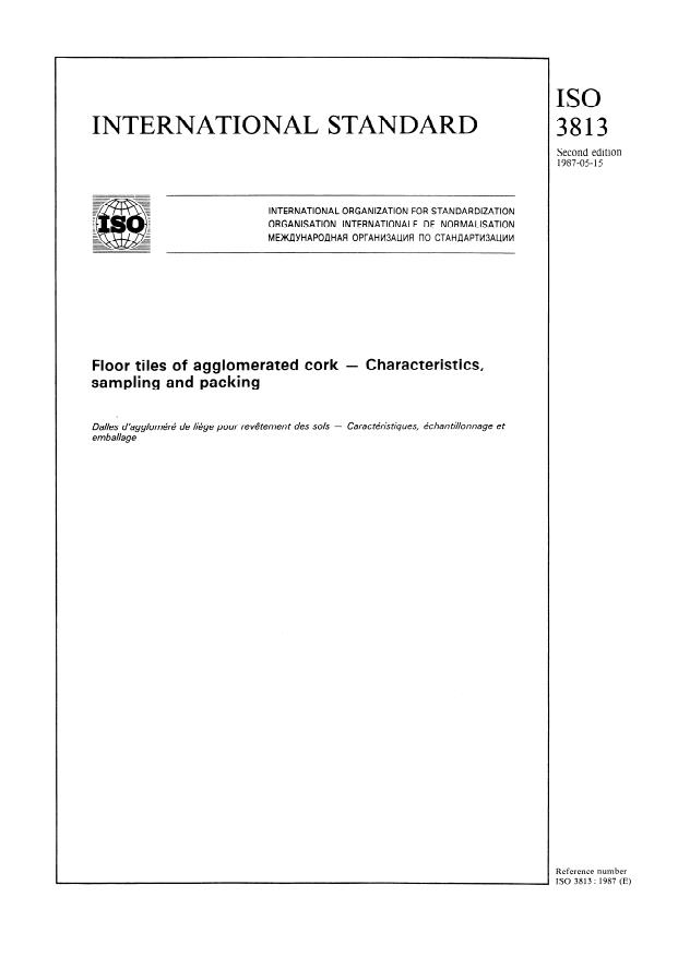 ISO 3813:1987 - Floor tiles of agglomerated cork -- Characteristics, sampling and packing