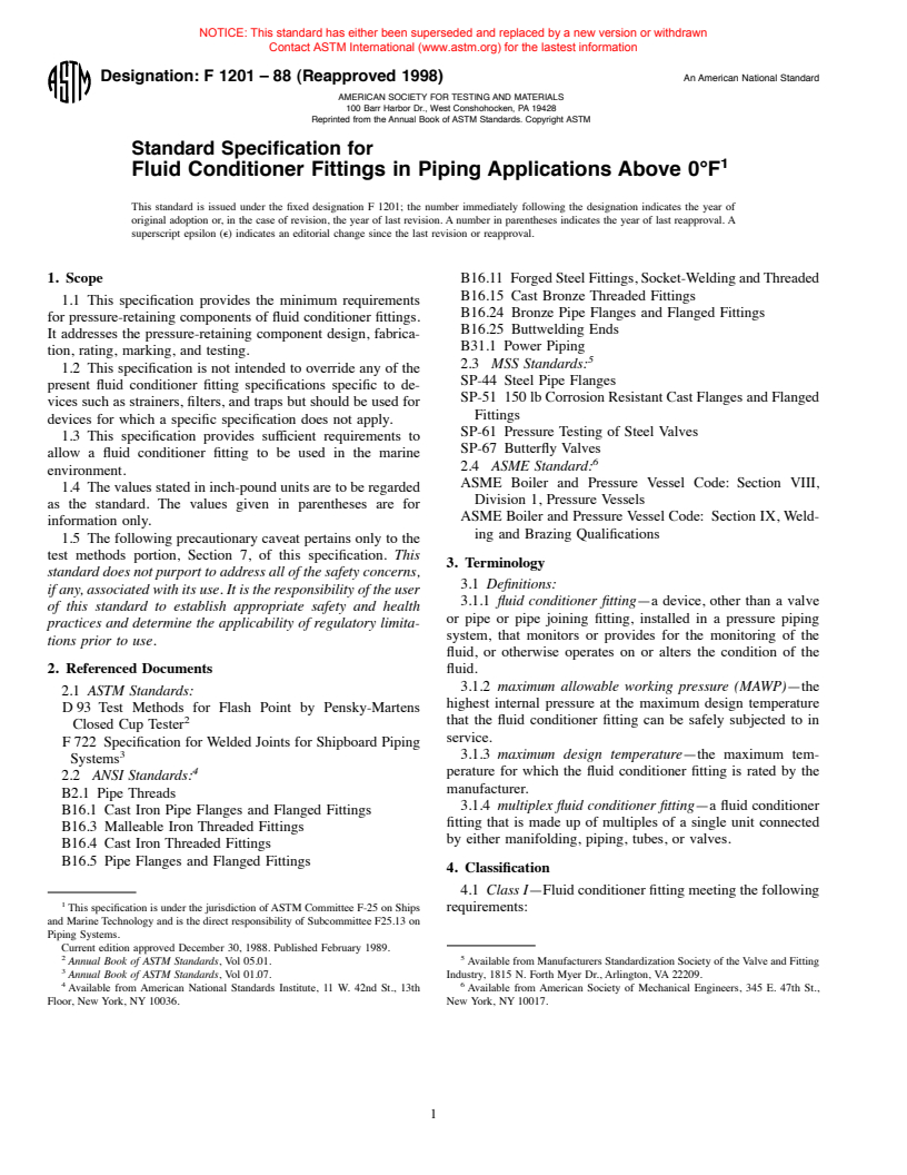 ASTM F1201-88(1998) - Standard Specification for Fluid Conditioner Fittings in Piping Applications Above 0&#176F