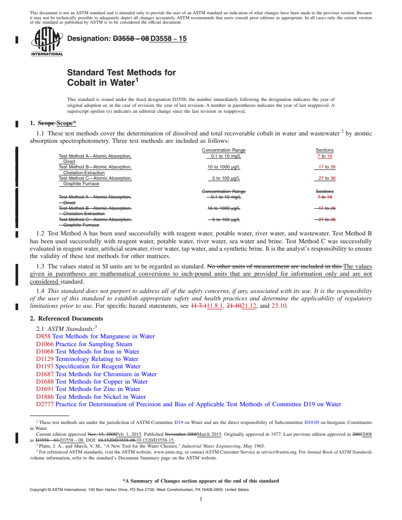 REDLINE ASTM D3558-15 - Standard Test Methods for  Cobalt in Water