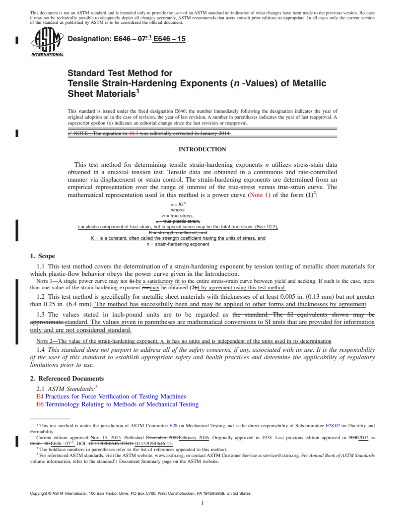 REDLINE ASTM E646-15 - Standard Test Method for  Tensile Strain-Hardening Exponents (<emph type="bdit">n</emph  > -Values) of Metallic Sheet Materials