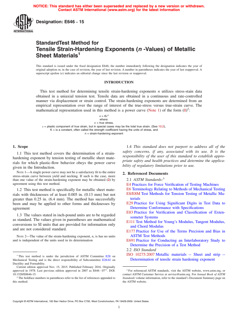 ASTM E646-15 - Standard Test Method for  Tensile Strain-Hardening Exponents (<emph type="bdit">n</emph  > -Values) of Metallic Sheet Materials
