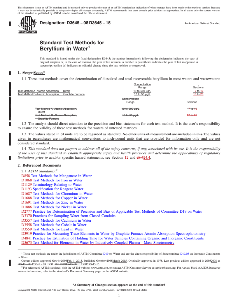 REDLINE ASTM D3645-15 - Standard Test Methods for  Beryllium in Water