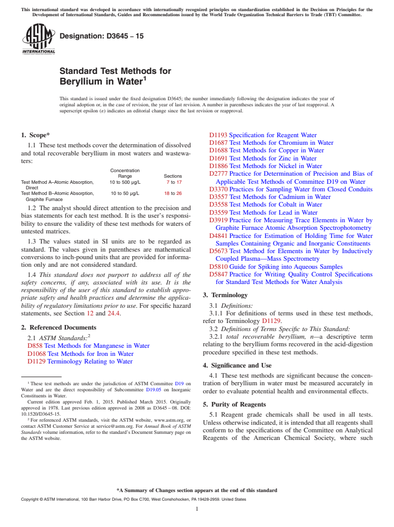 ASTM D3645-15 - Standard Test Methods for  Beryllium in Water
