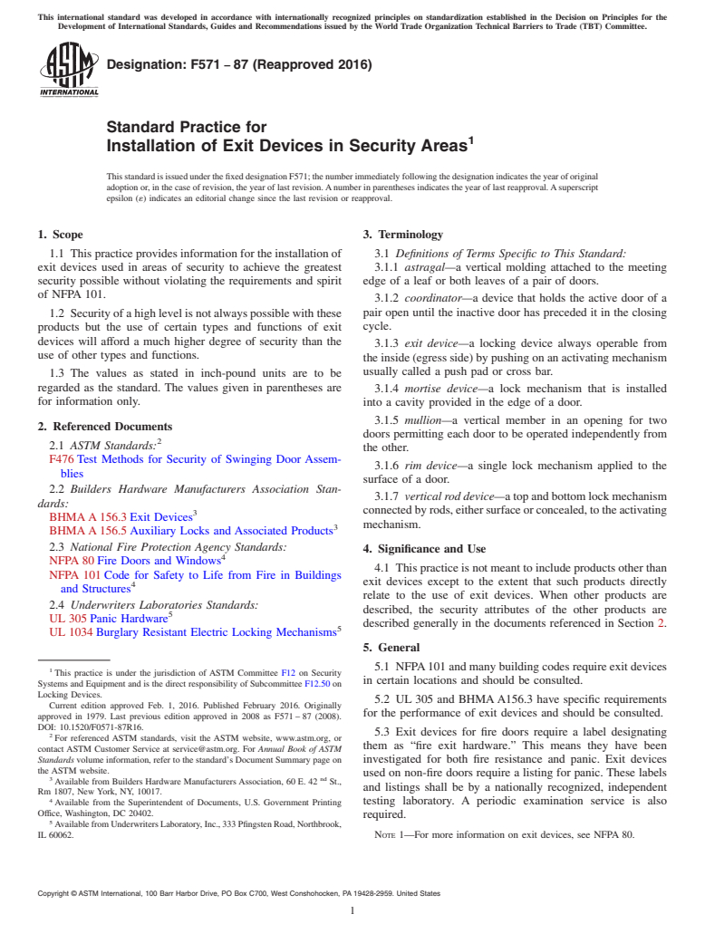 ASTM F571-87(2016) - Standard Practice for  Installation of Exit Devices in Security Areas