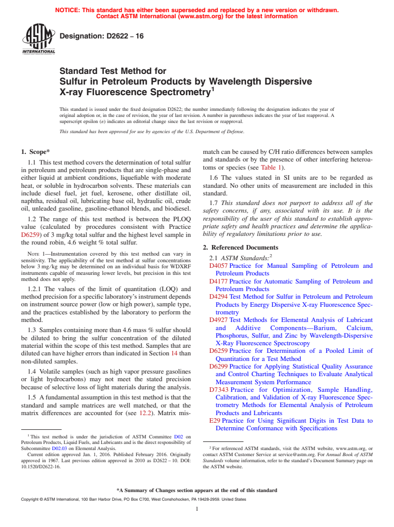 ASTM D2622-16 - Standard Test Method for  Sulfur in Petroleum Products by Wavelength Dispersive X-ray   Fluorescence Spectrometry