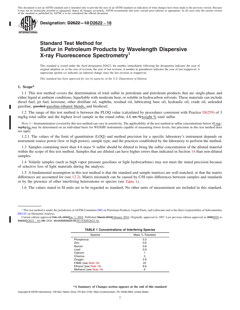 REDLINE ASTM D2622-16 - Standard Test Method for  Sulfur in Petroleum Products by Wavelength Dispersive X-ray   Fluorescence Spectrometry